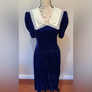 Vintage Gunne Sax Jessica McClintock Blue Velvet Dress Size 9 Small